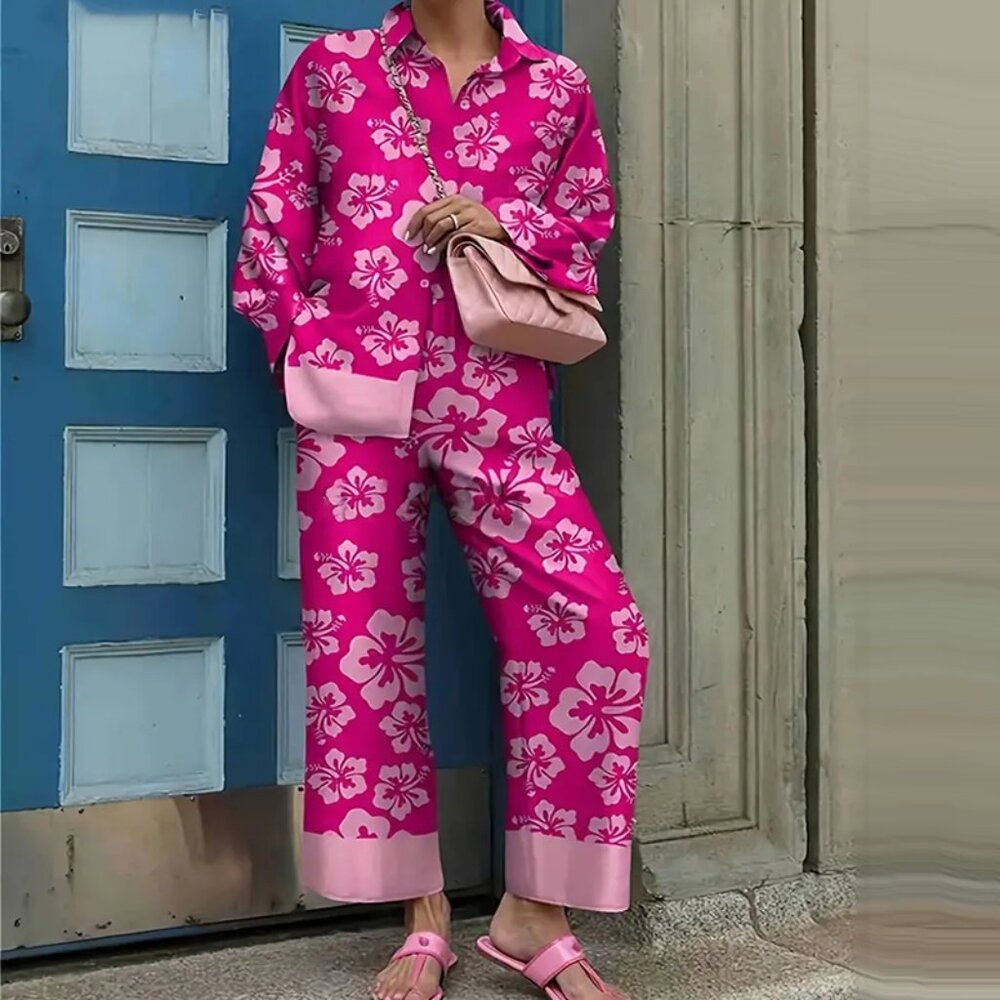 Boho Floral Long Sleeve Top and Wide Leg Pants Set